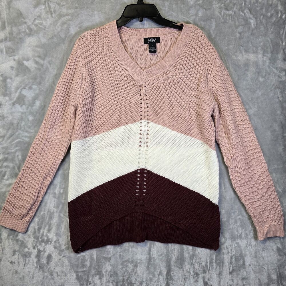 Just Polly New York Sweater Women L White Pink Burgundy Stripe Acrylic Curve Hem